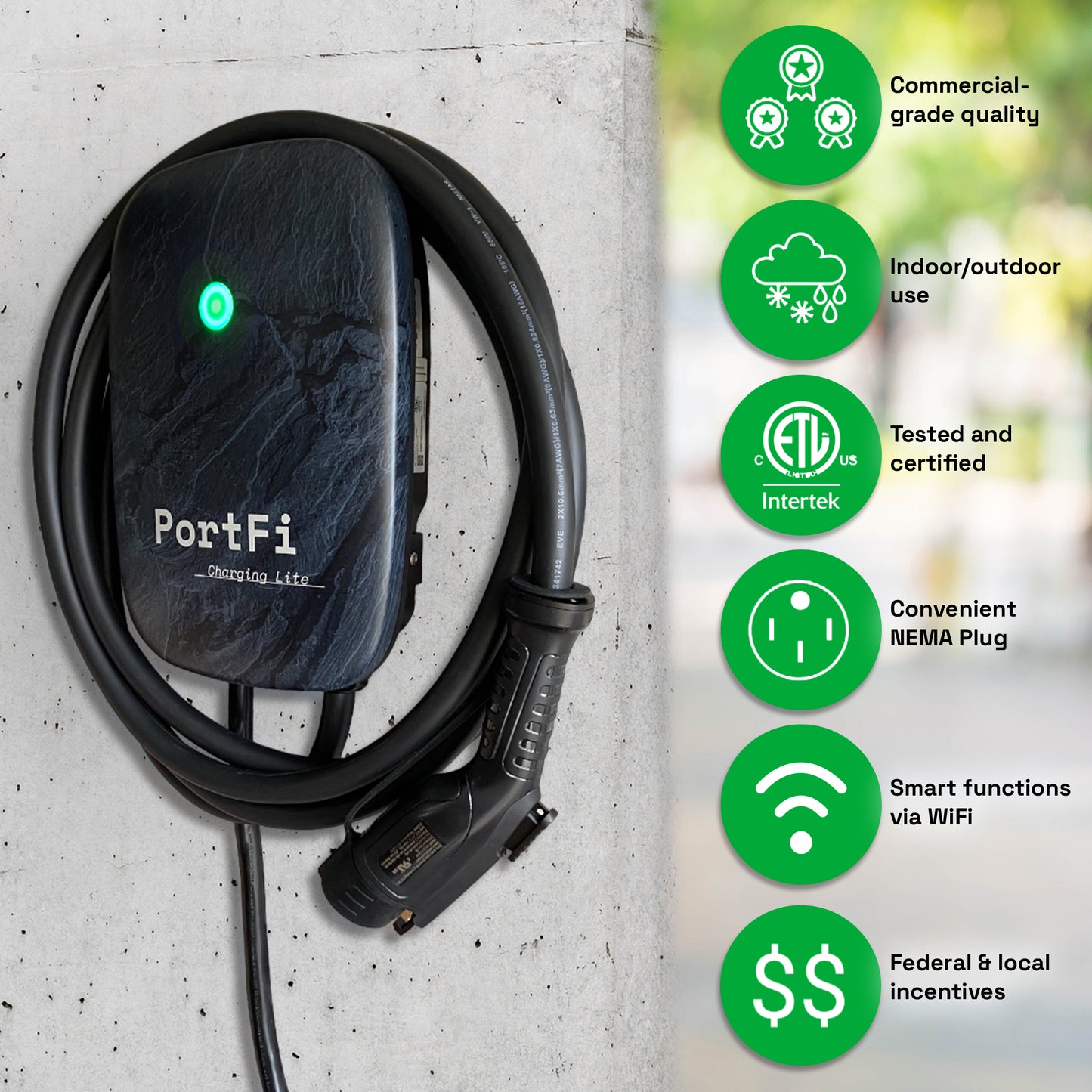 PortFi Charging Lite Smart Level 2 EV Charging Station - 32A, Wi-Fi Enabled, Safety Certified, Indoor/Outdoor, NEMA 14-50 Plug