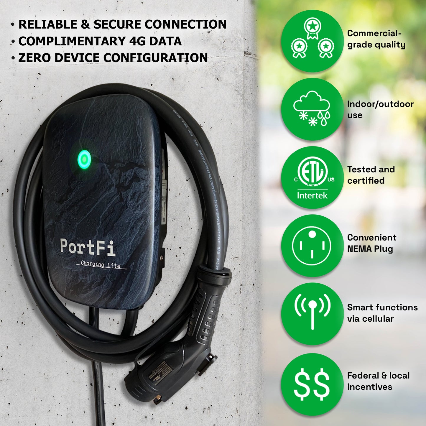 PortFi Charging Lite Smart Premium 4G Level 2 EV Charging Station - Lifetime 4G Data, Zero Configuration, Safety Certified, Outdoor-ready, NEMA 14-50 Plug (40A or 32A)