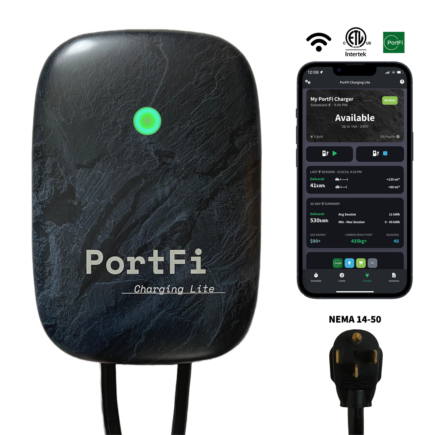 PortFi Charging Lite Smart Level 2 EV Charging Station - 40A, Wi-Fi Enabled, Safety Certified, Indoor/Outdoor, NEMA 14-50 Plug