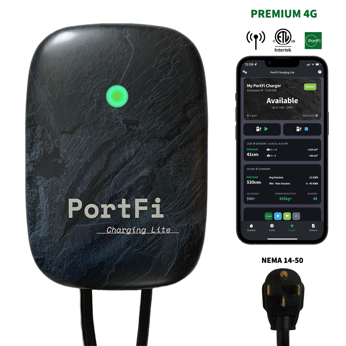 PortFi Charging Lite Smart Premium 4G Level 2 EV Charging Station - Lifetime 4G Data, Zero Configuration, Safety Certified, Outdoor-ready, NEMA 14-50 Plug (40A or 32A)